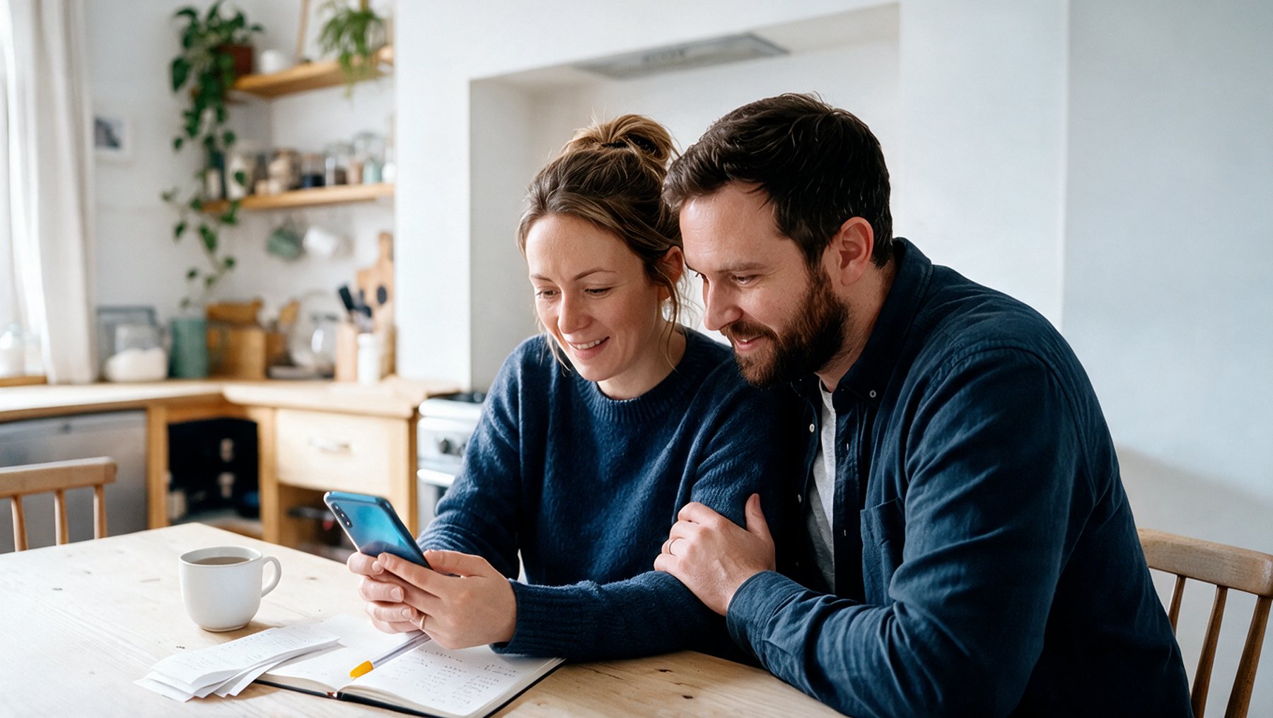A couple looking at their household finances together at the kitchen table