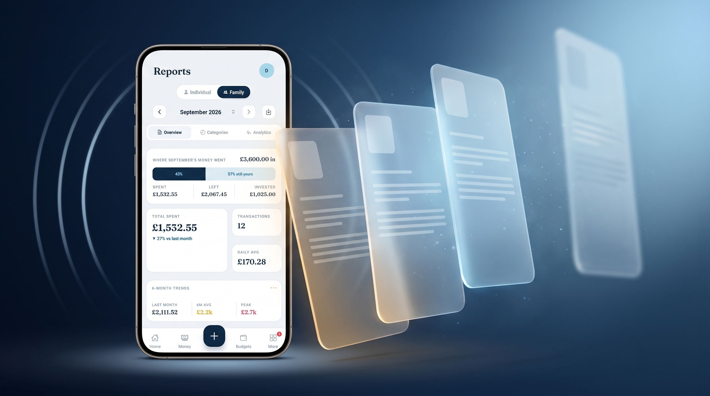 Illustrative Lekkafy Reports phone with floating report panels