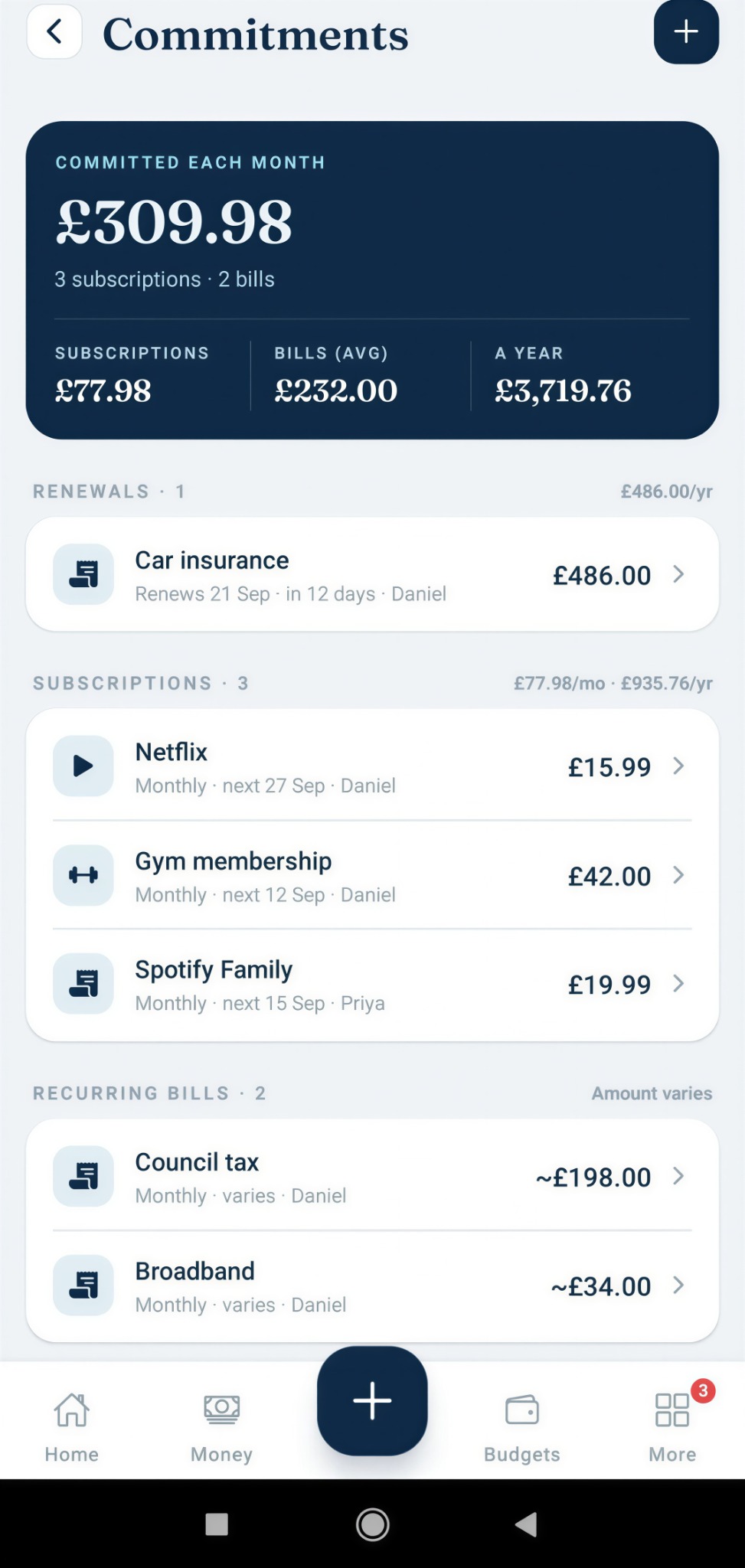 Actual Lekkafy Commitments screen with recurring bills and subscriptions